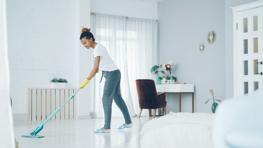 Mopping a bright living room floor